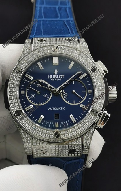 Hublot Classic Fusion Chronograph Steel Diamonds Casing Blue Dial 1:1 Mirror Replica Watch 