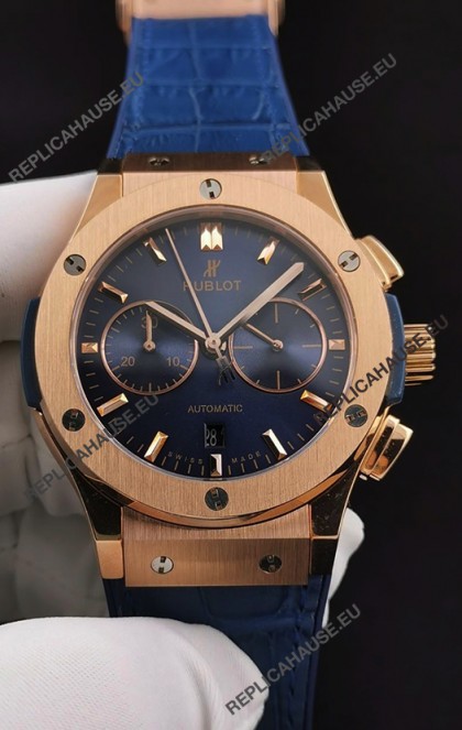 Hublot Classic Fusion Chronograph Rose Gold Casing Blue Dial 1:1 Mirror Replica Watch 