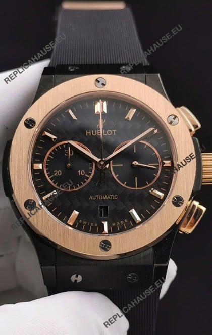 Hublot Classic Fusion Chronograph Ceramic Rose Gold Bezel Carbon Dial 1:1 Mirror Replica Watch 