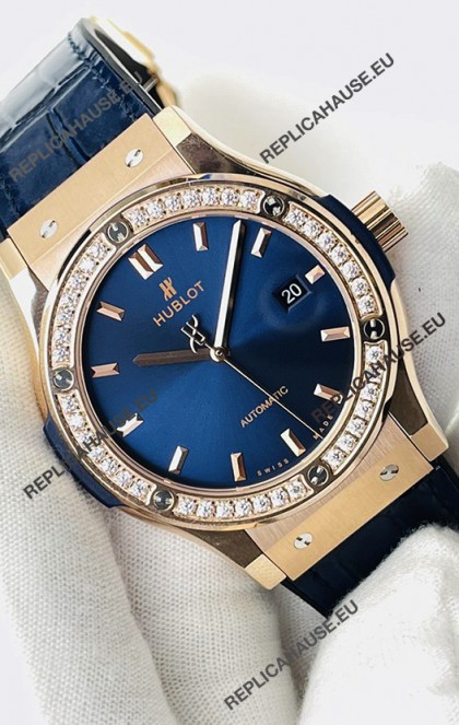 Hublot Classic Fusion Rose Gold Steel Blue Dial Swiss Replica Watch 1:1 Mirror Quality 
