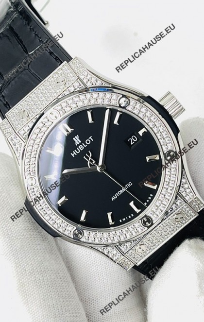 Hublot Classic Fusion Stainless Steel Diamonds Black Dial Swiss Replica Watch 1:1 Mirror Quality 