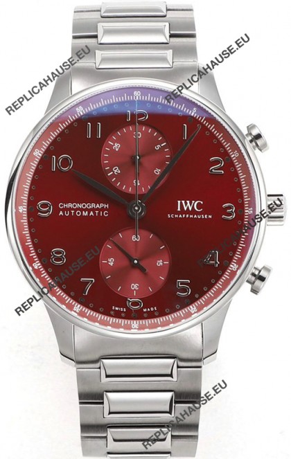 IWC Portuguese Chronograph Swiss Replica Watch in Steel Case Maroon Dial - 1:1 Mirror Replica Edition