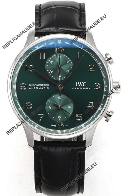 IWC Portuguese Chronograph Swiss Replica Watch in Steel Case Green Dial - 1:1 Mirror Replica Edition
