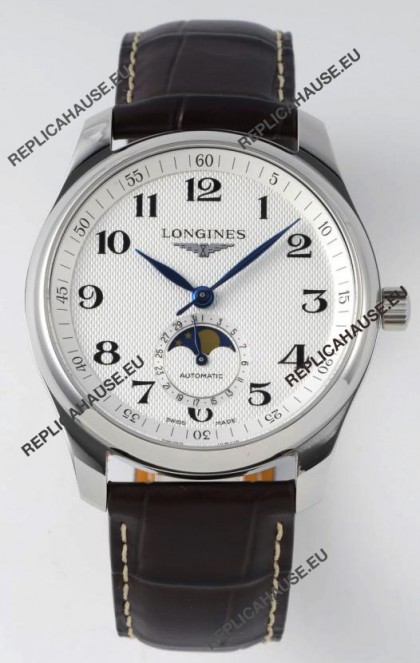 Longines Master Collection Automatic Moonphase White Dial Swiss Replica Watch Leather Strap