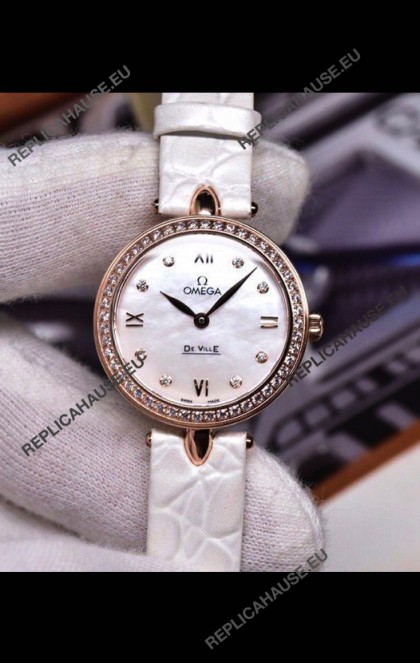 Omega De Ville Prestige Dewdrop Edition Swiss Quartz Watch in Rose Gold White Strap