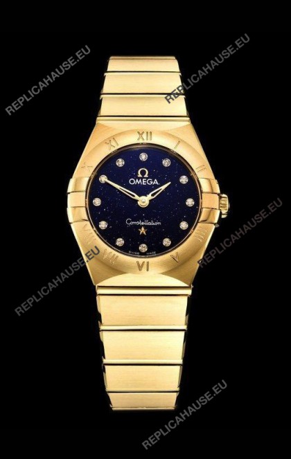 Omega Constellation Ladies Swiss Quartz 1:1 Mirror Replica - Yellow Gold Casing in Black Starry Dial 