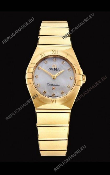 Omega Constellation Ladies Swiss Quartz 1:1 Mirror Replica - Yellow Gold Casing White Pearl Dial
