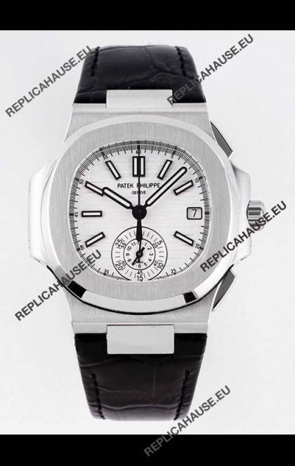 Patek Philippe Nautilus 5980/1A 904L Steel Case in White Dial Leather Strap - 1:1 Mirror Replica