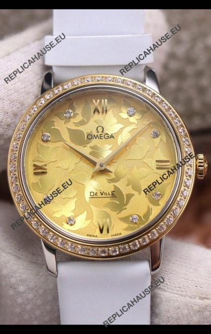Omega De Ville Floral Dial Swiss Quartz Movement in Two Tone Casing - Gold Dial