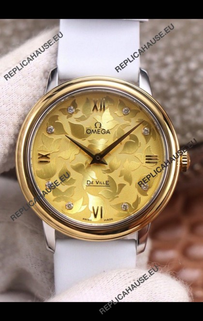 Omega De Ville Floral Dial Swiss Quartz Movement in Two Tone Casing - Gold Dial