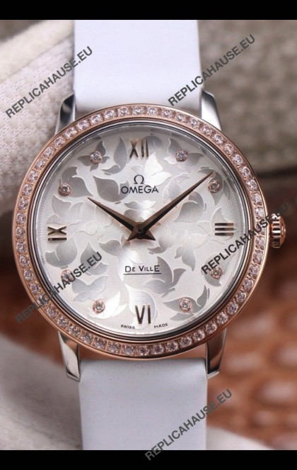 Omega De Ville Floral Dial Swiss Quartz Movement in Two Tone Casing - Steel Dial