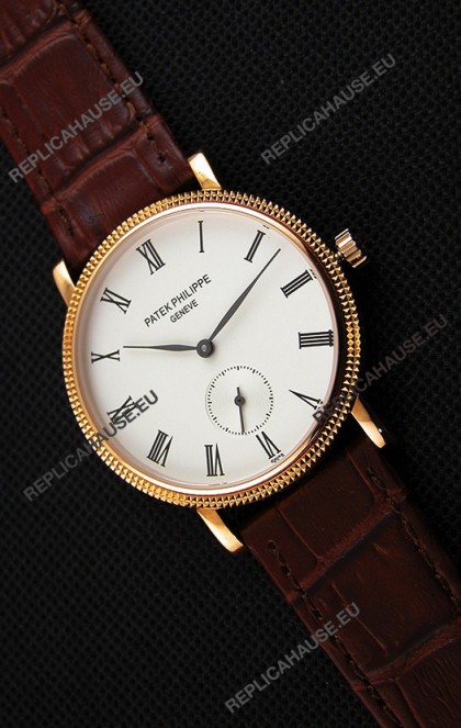 Patek Philippe Calatrava Japanese Mens Watch in Yellow Gold Case Brown Strap