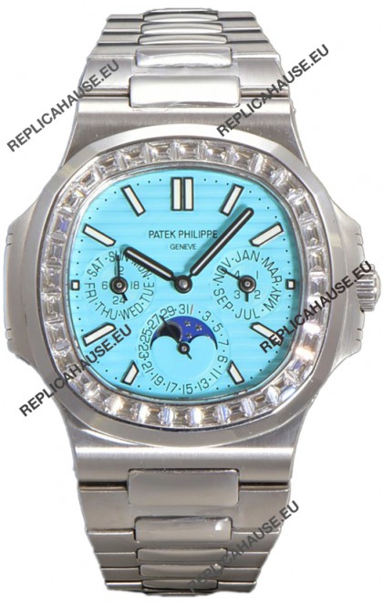 Patek Philippe Nautilus 5740 Perpetual Calendar White Gold Tiffany Dial Diamonds Bezel Swiss Replica Watch 