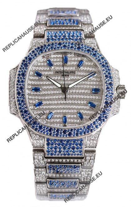 Patek Philippe Nautilus 7118R 35MM 1:1 Blue Diamonds Paved Watch in Steel Casing 