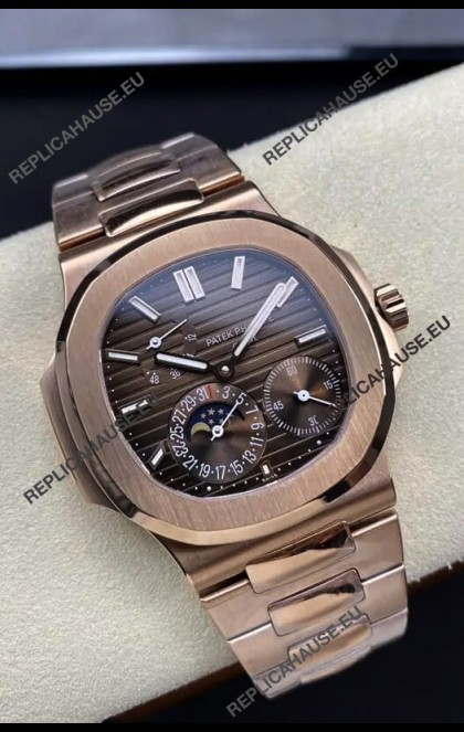 Patek Philippe Nautilus 5712/R 1:1 Quality Swiss Replica Watch in Brown Dial Rose Gold Strap