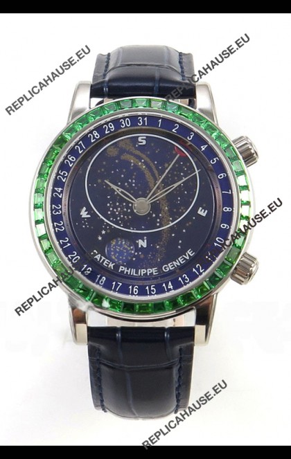 Patek Philippe Grand Complications 6102 Blue Dial Green Diamonds Swiss Replica Watch 