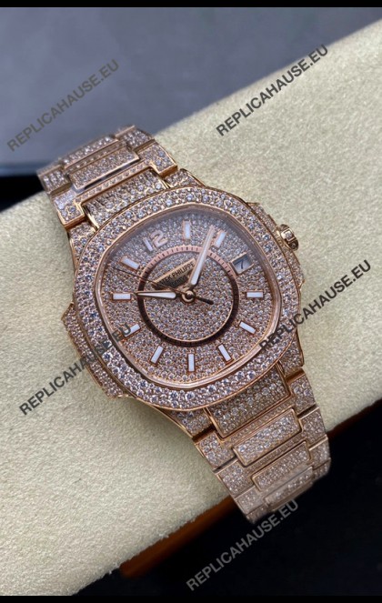 Patek Philippe Nautilus 7010 Diamonds Paved Rose Gold 32MM 1:1 Mirror Replica - Genuine Diamonds