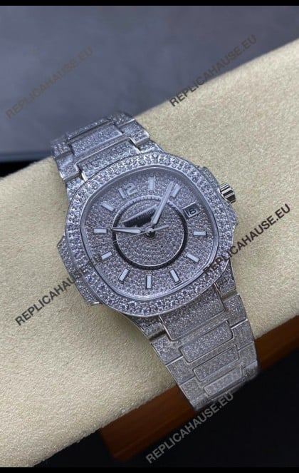 Patek Philippe Nautilus 7010 Diamonds Paved Stainless Steel 32MM 1:1 Mirror Replica - Genuine Diamonds