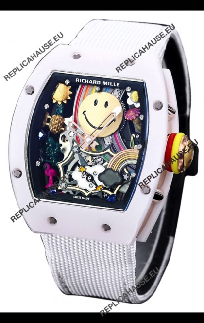 Richard Mille RM088 Smiley Tourbillon White Ceramic Casing Nylon Strap Replica Watch 