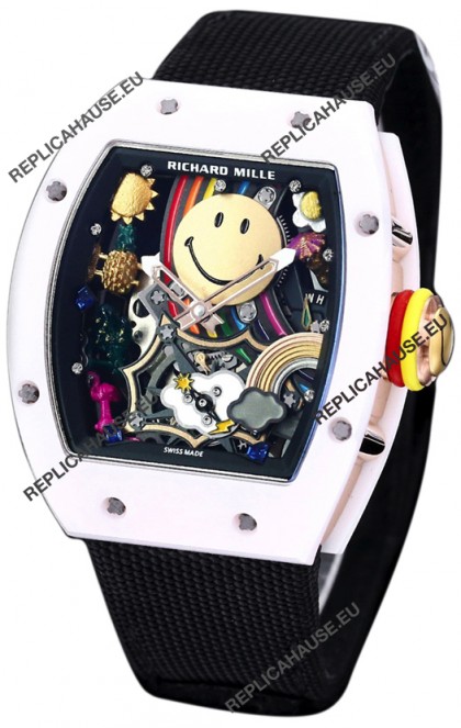 Richard Mille RM088 Smiley Tourbillon White Ceramic Casing Black Nylon Strap Replica Watch 