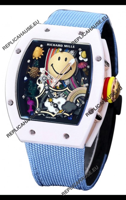 Richard Mille RM088 Smiley Tourbillon White Ceramic Casing Blue Nylon Strap Replica Watch 