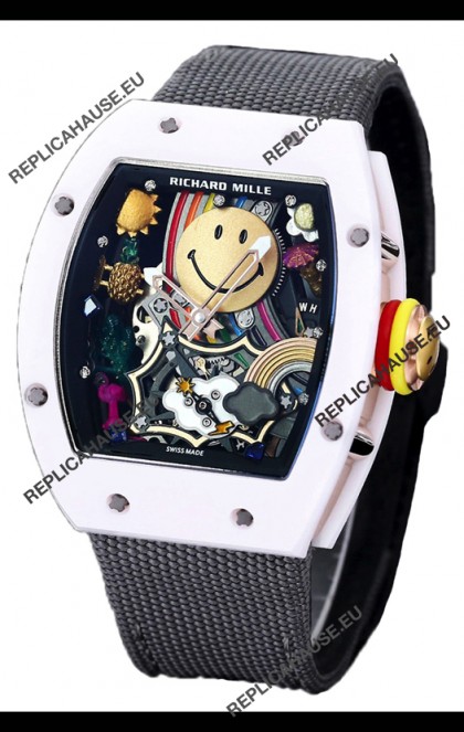 Richard Mille RM088 Smiley Tourbillon White Ceramic Casing Grey Nylon Strap Replica Watch 