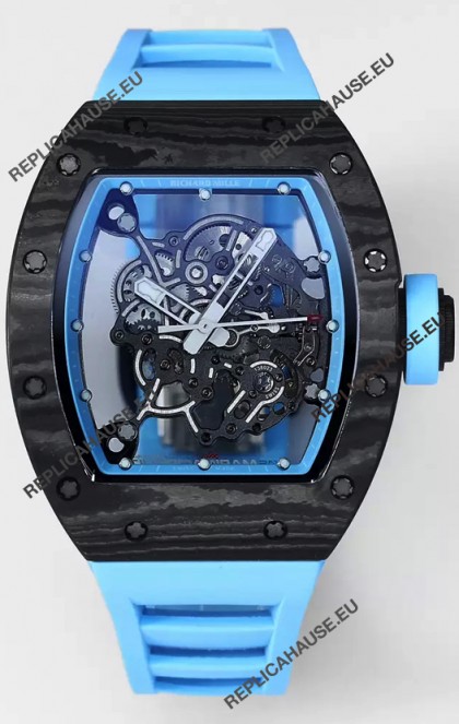 Richard Mille RM055 Black Carbon Casing Blue Rubber 1:1 Superclone Genuine Tourbillon Watch 