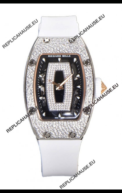 Richard Mille RM007 Diamonds Paved White Strap 904L Steel Superclone Swiss Watch