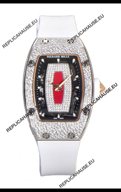 Richard Mille RM007 Diamonds Paved White Strap Red Dial 904L Steel Superclone Swiss Watch