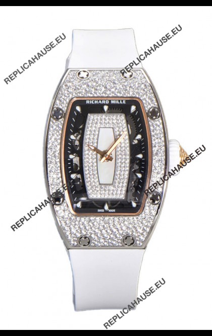 Richard Mille RM007 Diamonds Paved White Strap & Dial 904L Steel Superclone Swiss Watch