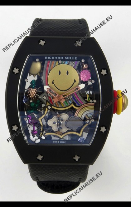 Richard Mille Super Clone RM088 Smiley Tourbillon Black Ceramic Velcro Strap Watch 