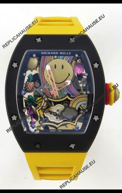 Richard Mille Super Clone RM088 Smiley Tourbillon Black Ceramic Rubber Strap Watch 
