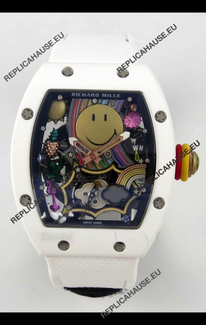 Richard Mille Super Clone RM088 Smiley Tourbillon White Ceramic Velcro Strap Watch 