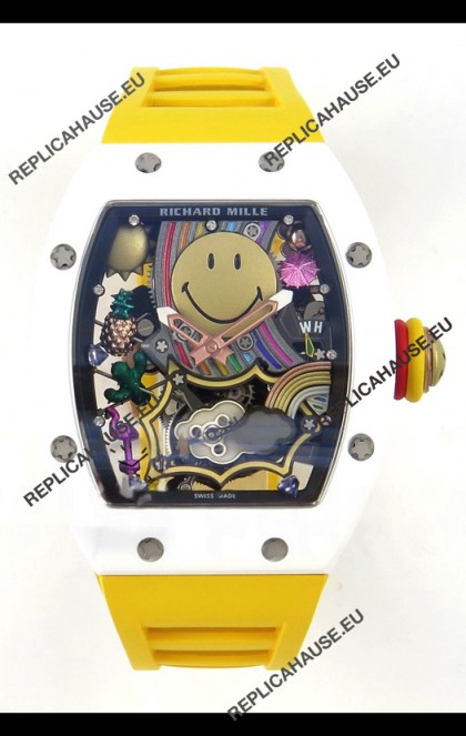 Richard Mille Super Clone RM088 Smiley Tourbillon White Ceramic Rubber Strap Watch 