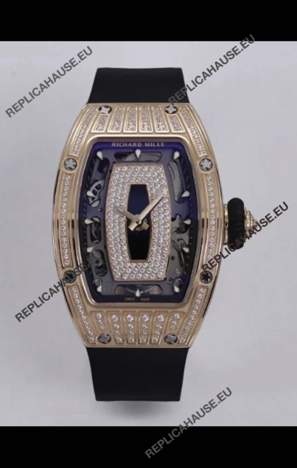 Richard Mille Super Clone RM07-01 Diamonds Paved 904L Rose Gold Casing Automatic Replica Watch