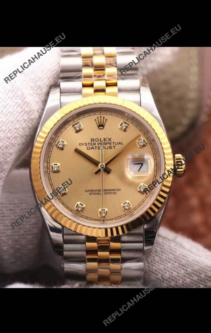 Rolex Datejust 36MM Cal.3135 Movement Swiss Replica Watch in 904L Steel Two Tone Casing Gold Dial