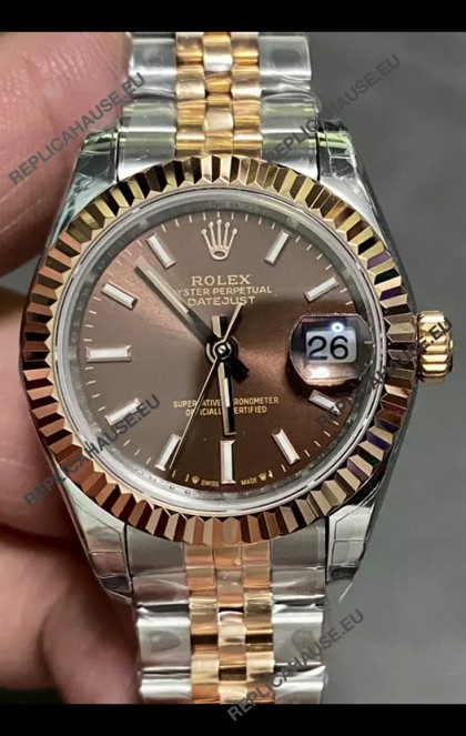 Rolex Datejust Super Clone Brown Dial 2 Tone Rose Gold Watch 28MM