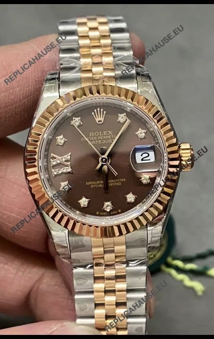 Rolex Datejust Super Clone Brown Dial 2 Tone Rose Gold Watch 28MM