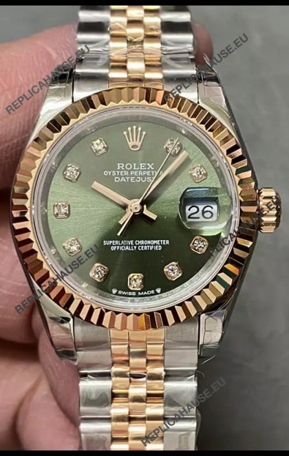 Rolex Datejust Super Clone Green Dial 2 Tone Rose Gold Watch 28MM