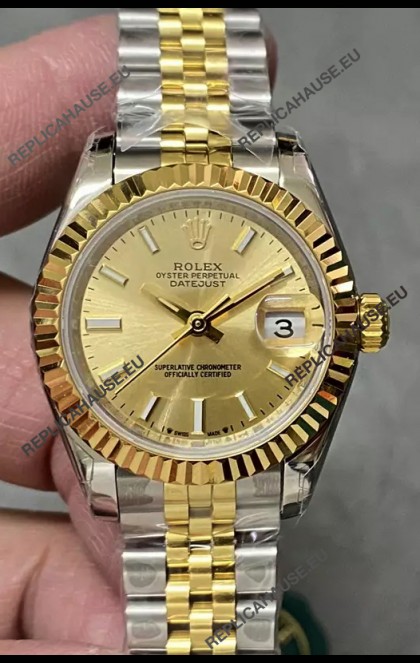 Rolex Datejust Super Clone Gold Dial 2 Tone Yellow Rose Gold Watch 28MM