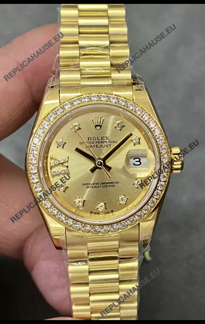 Rolex Datejust Super Clone Gold Dial Yellow Gold Casing Watch 28MM