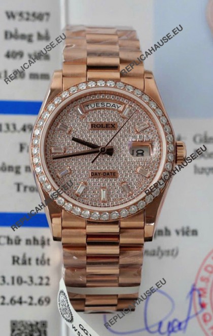 Rolex Day Date Super Clone Rose Gold Plated Custom Modified Diamonds Paved Watch