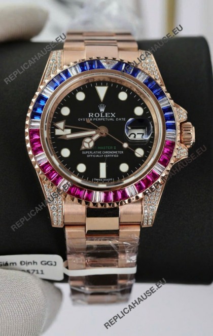 Rolex GMT Masters Super Clone Diamonds Swiss watch with Rose Gold 904L Case - 1:1 Mirror Quality