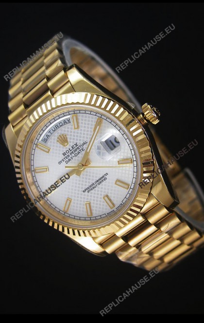 Rolex Day Date Japanese Replica Watch - Yellow Gold Casing in Steel Patterned Dial 40MM