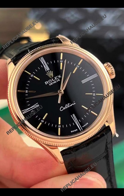Rolex Cellini Date Ref#50505 Replica 1:1 Mirror Rose Gold Steel Black Dial Watch 