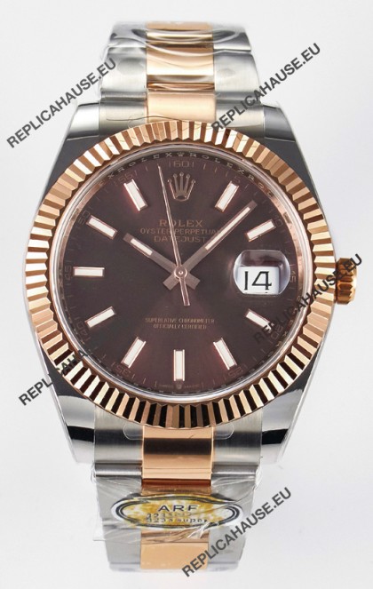 Rolex Super Clone Datejust ETA 3235 Movement 41MM Two Tone Rose Gold Plating Brown Dial Watch