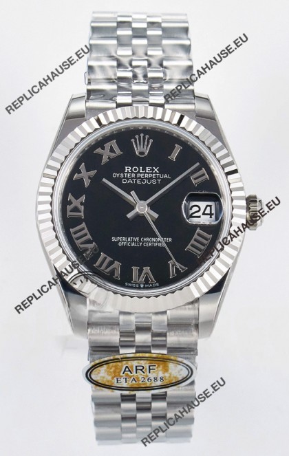 Rolex Super Clone Datejust ETA 2688 Movement 31MM Stainless Steel Black Roman Dial Watch 