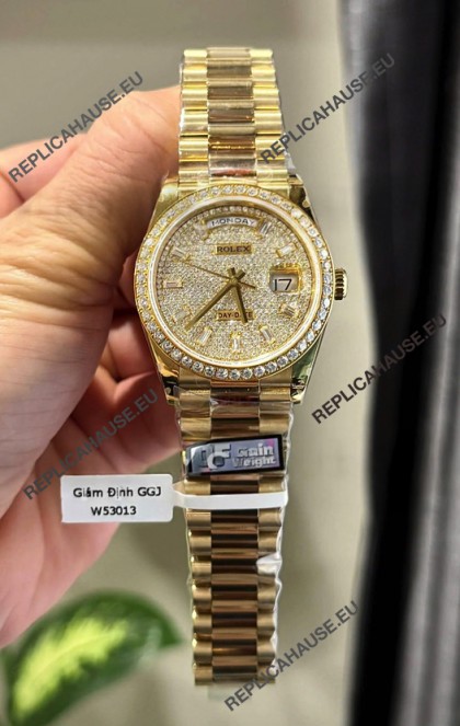 Rolex Day Date Super Clone Yelllow Gold Plated Custom Modified Diamonds Paved Watch 