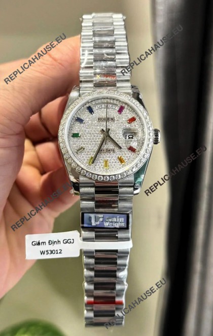 Rolex Day Date Super Clone White Gold Plated Custom Modified Diamonds Paved Watch 