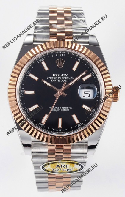 Rolex Super Clone Datejust ETA 3235 Movement 41MM Two Tone Rose Gold Plating Black Dial Watch